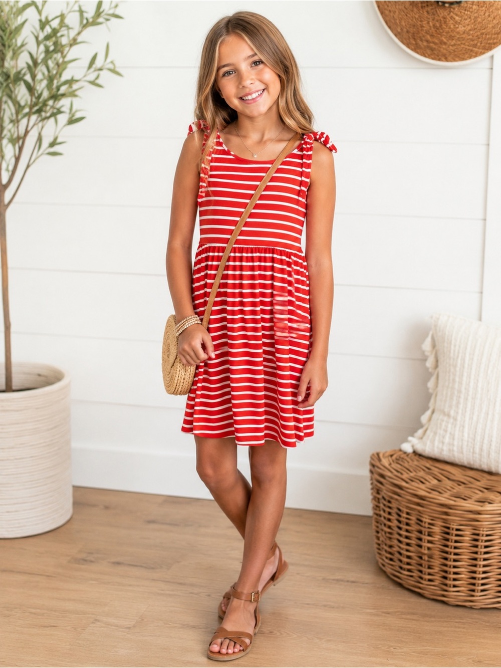 Copper Key Red and White Striped Tie-Shoulder Casual Dress